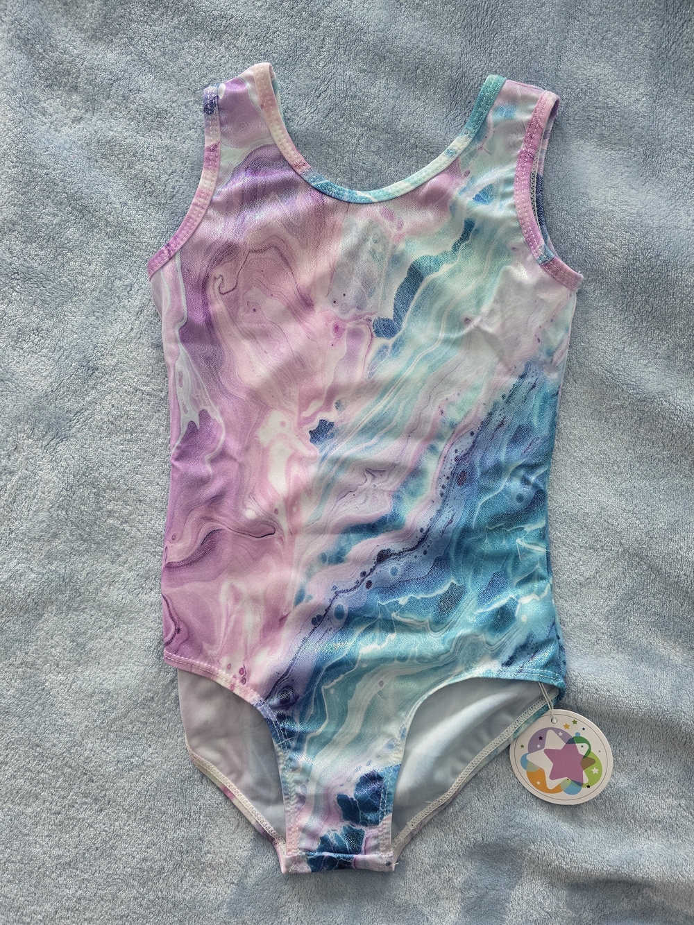 Girls Marble Print One-Piece Gymnastics Suit in Pink, Purple & Blue